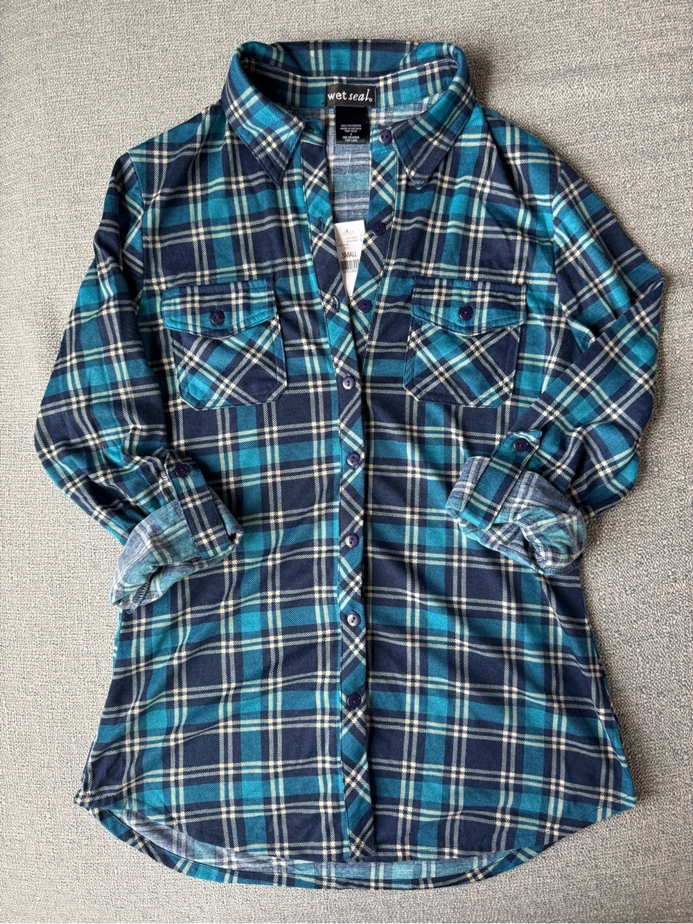 NWT Wet Seal Teal and Navy Blue Plaid Flannel Button Down Shirt Size Small